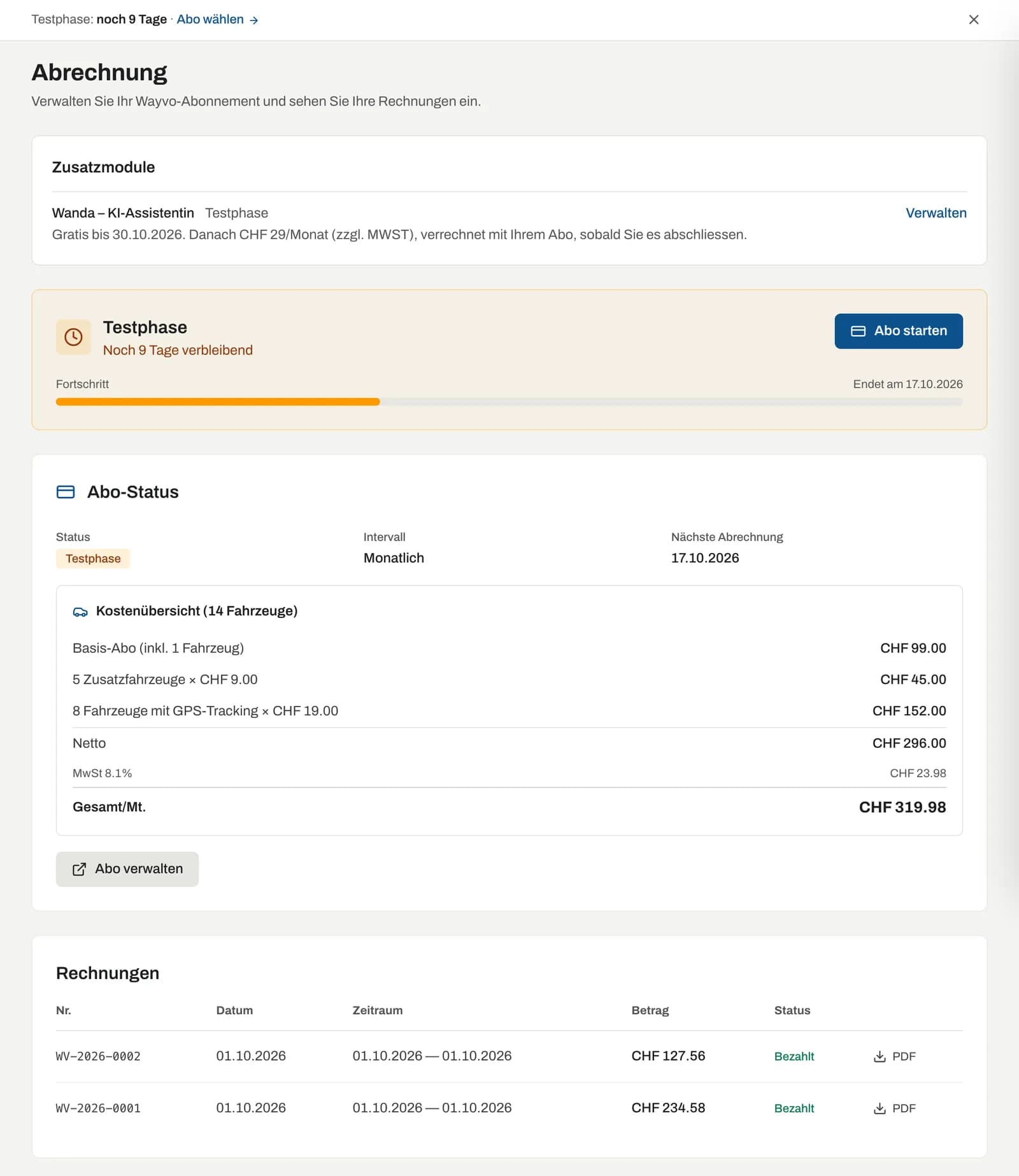 Karte Testphase auf der Seite Abrechnung
