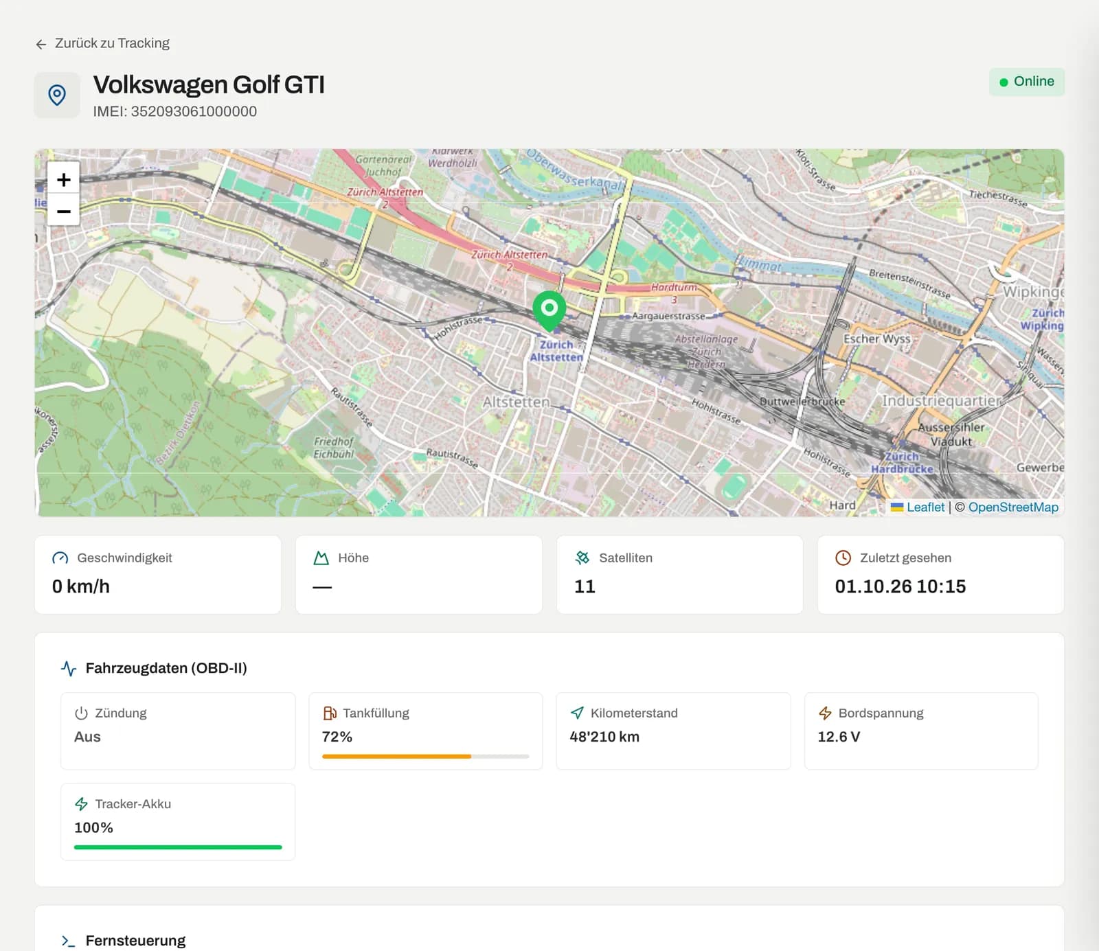 Tracker-Detailseite mit Karte und Kennzahlen