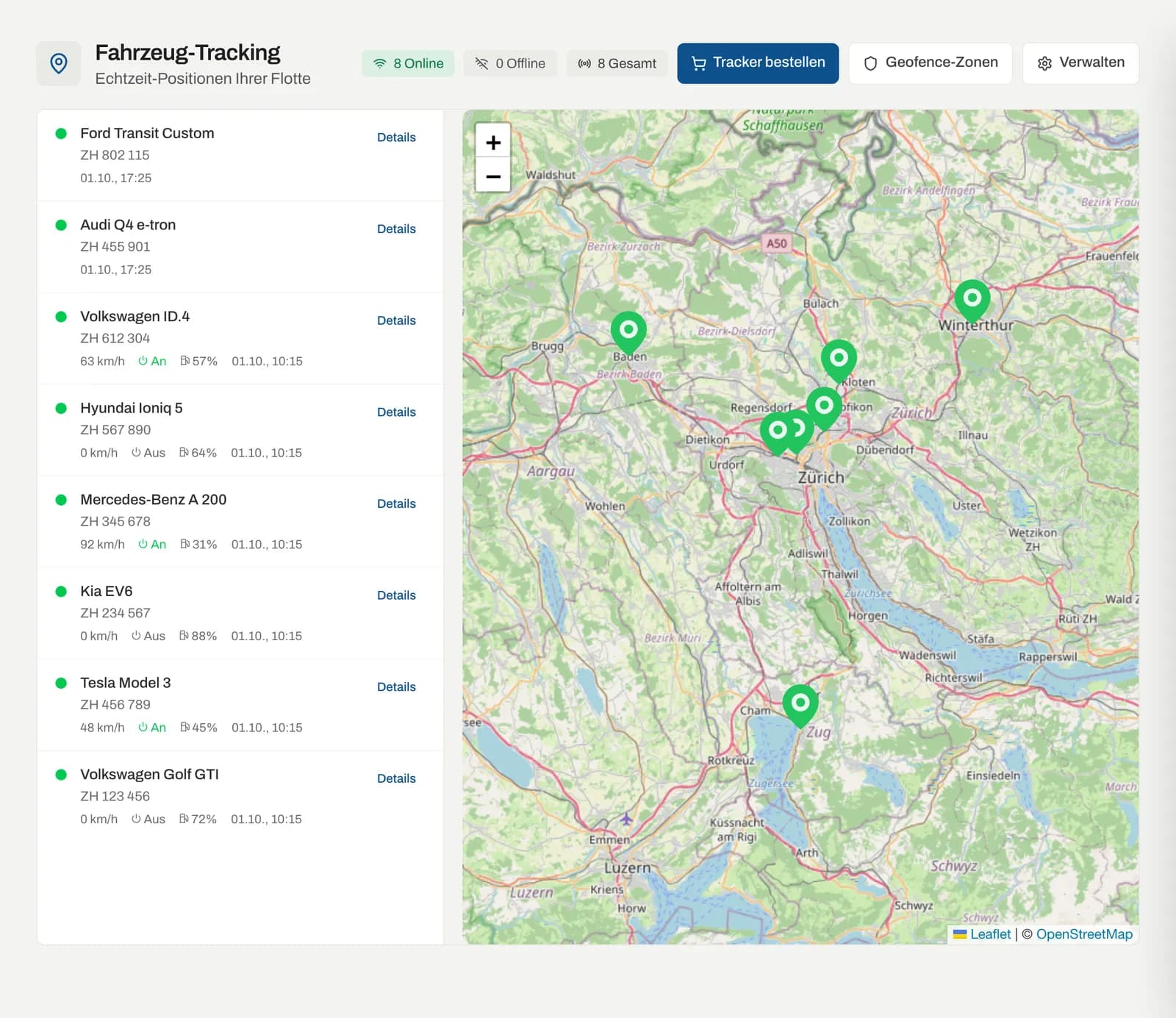 Seite «Fahrzeug-Tracking» mit Fahrzeugliste links und Karte rechts