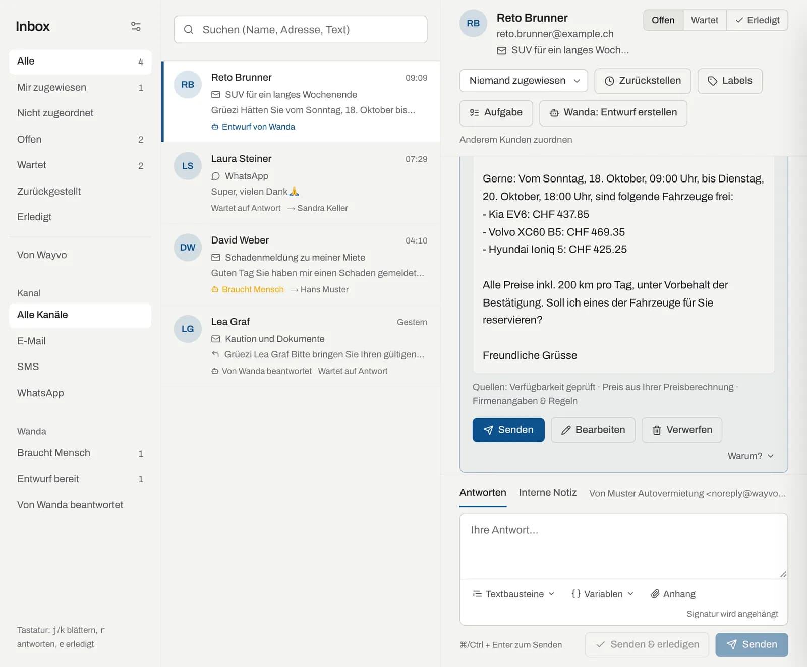 Inbox mit Ordnern, Konversationsliste und geöffneter E-Mail samt Entwurf von Wanda