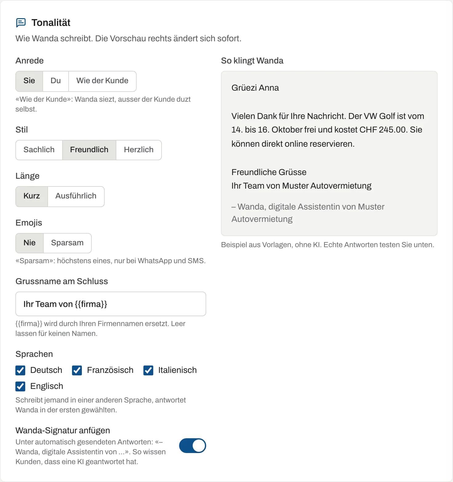 Reiter «Verhalten» mit Tonalität und Vorschau «So klingt Wanda»