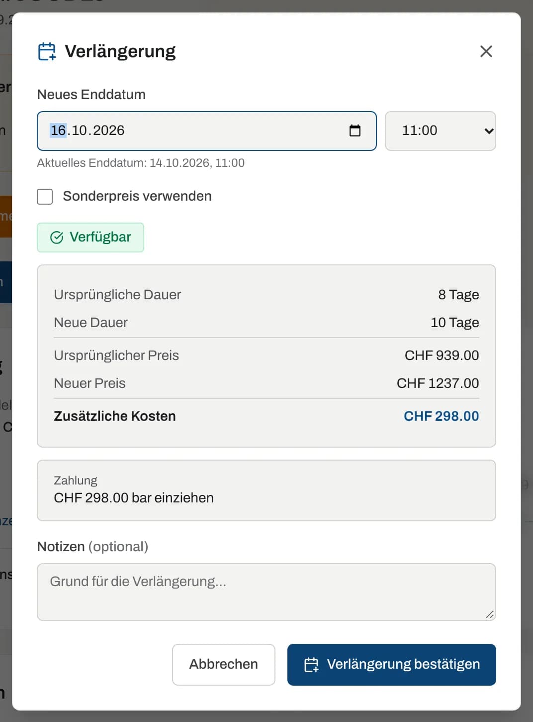 Dialog Verlängerung mit Verfügbarkeit und Preisvergleich