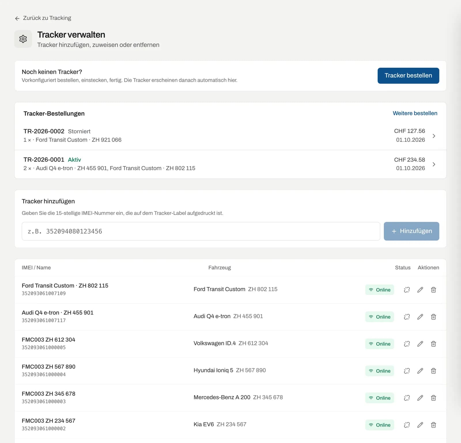 Seite «Tracker verwalten» mit IMEI-Eingabe und Trackerliste