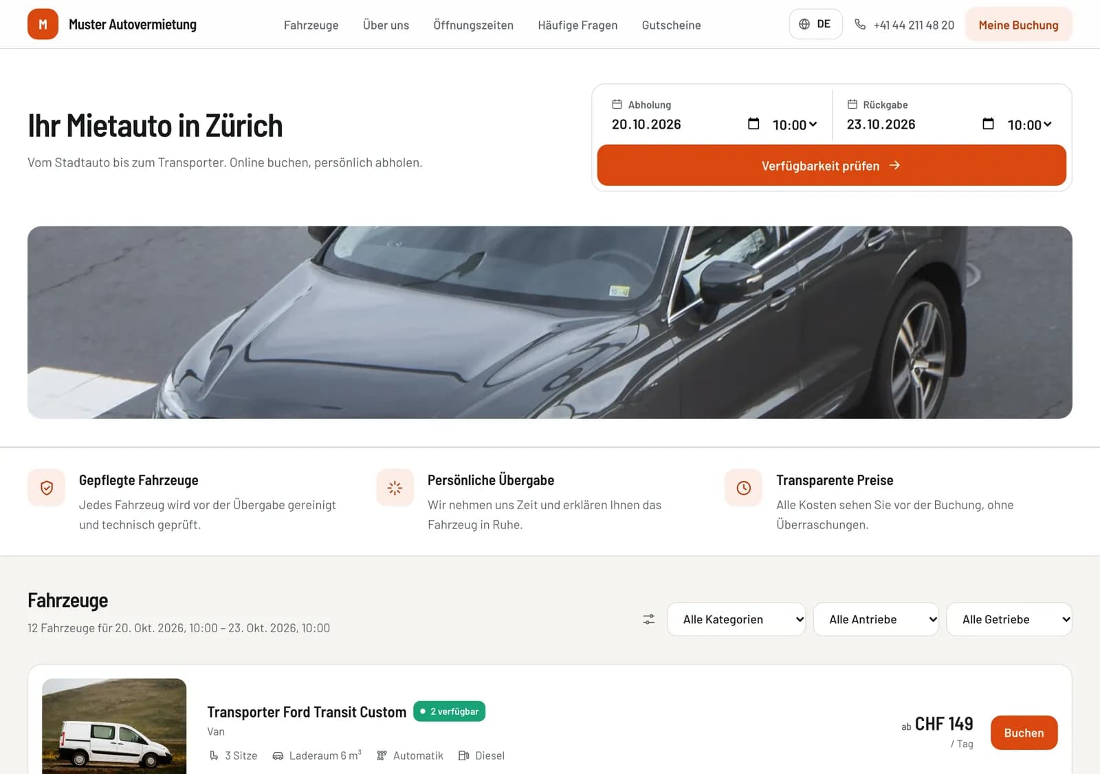 Vorlage Kompakt: Suche oben rechts, Fahrzeuge als dichte Liste
