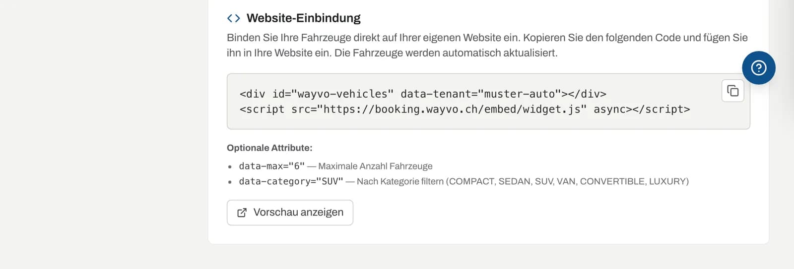 Website-Einbindung mit Code, optionalen Attributen und Vorschau-Button