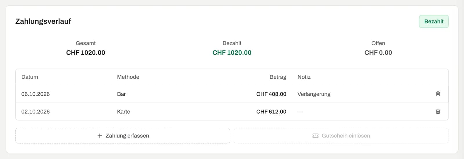 Karte Zahlung mit Gesamt, Bezahlt und Offen