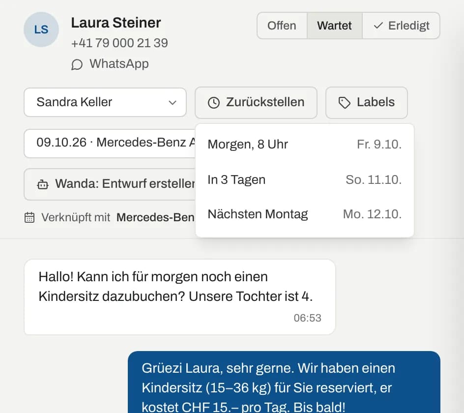 Menü «Zurückstellen» mit den drei Zeitpunkten
