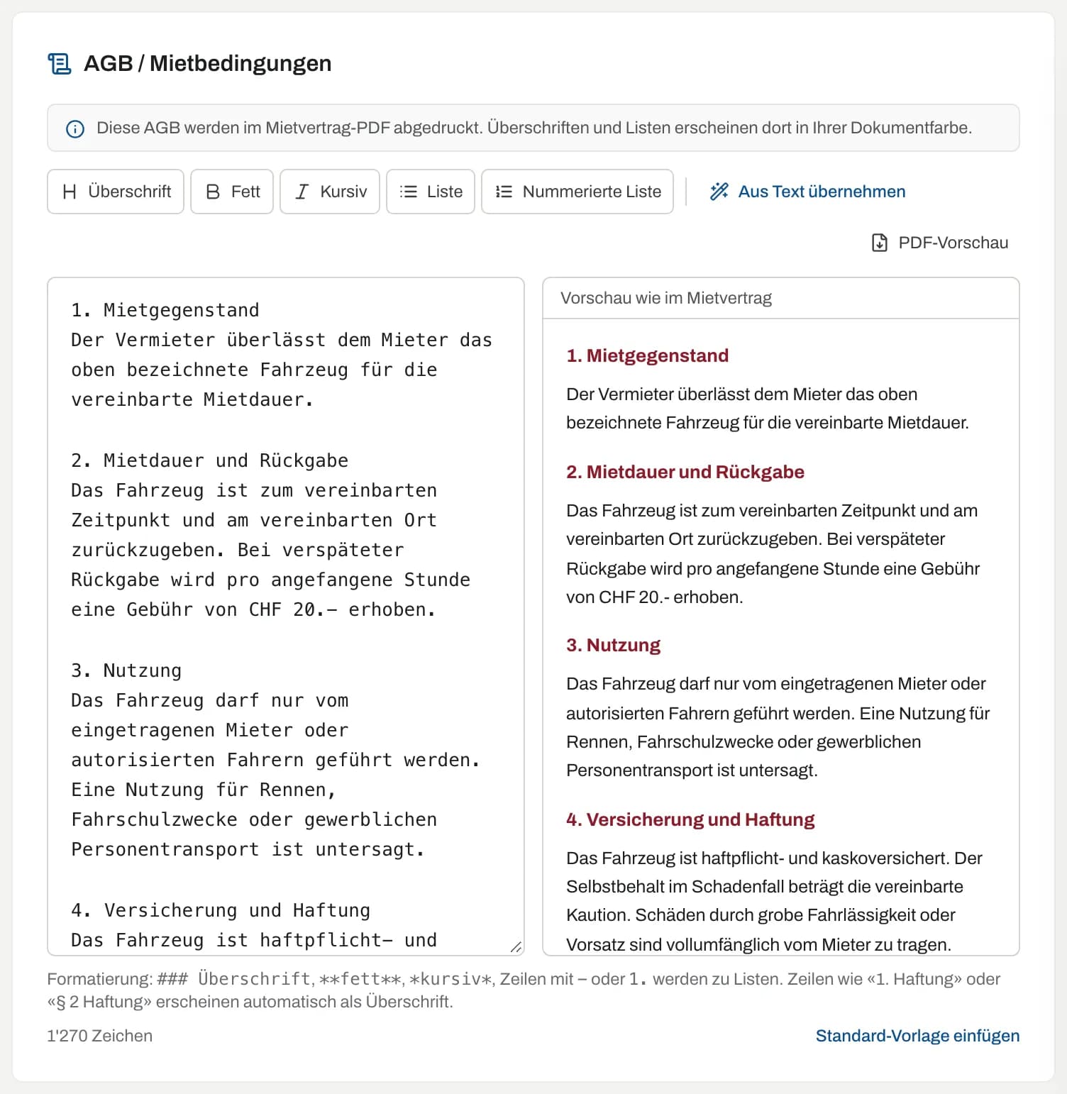Bereich «AGB / Mietbedingungen» mit Werkzeugleiste