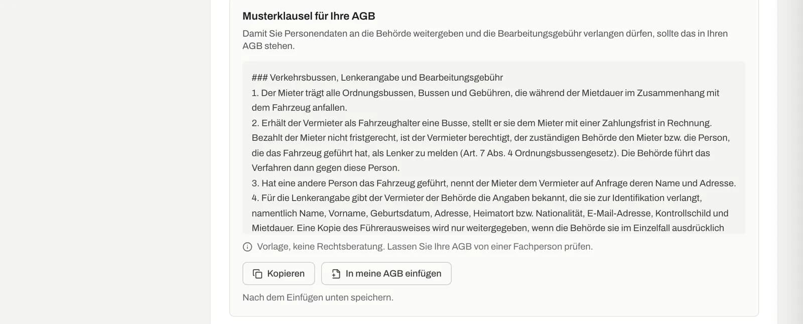 Musterklausel «Lenkerangabe und Bearbeitungsgebühr» im Bereich Bussen