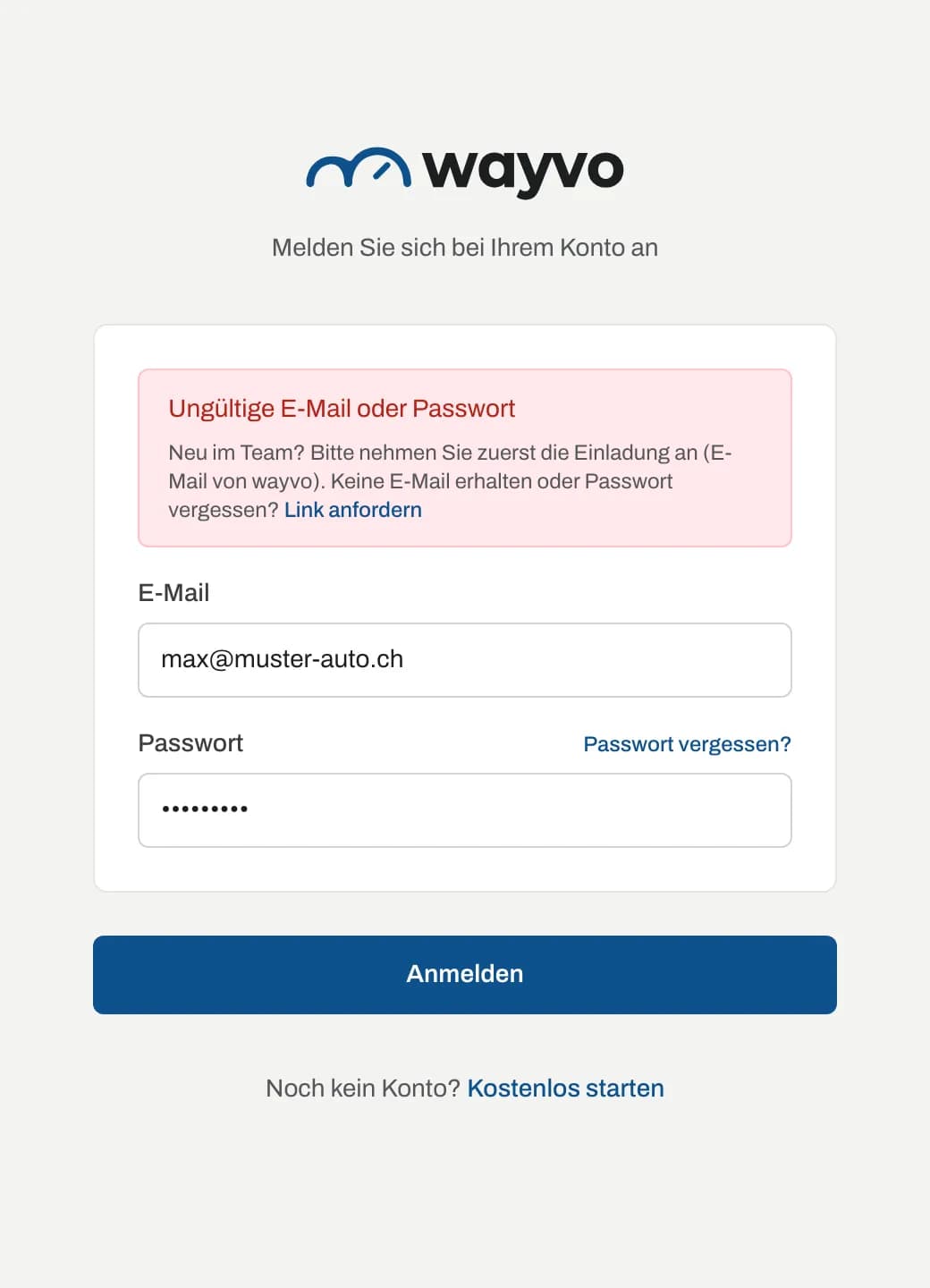 Fehlermeldung Ungültige E-Mail oder Passwort mit dem Hinweis für neue Teammitglieder