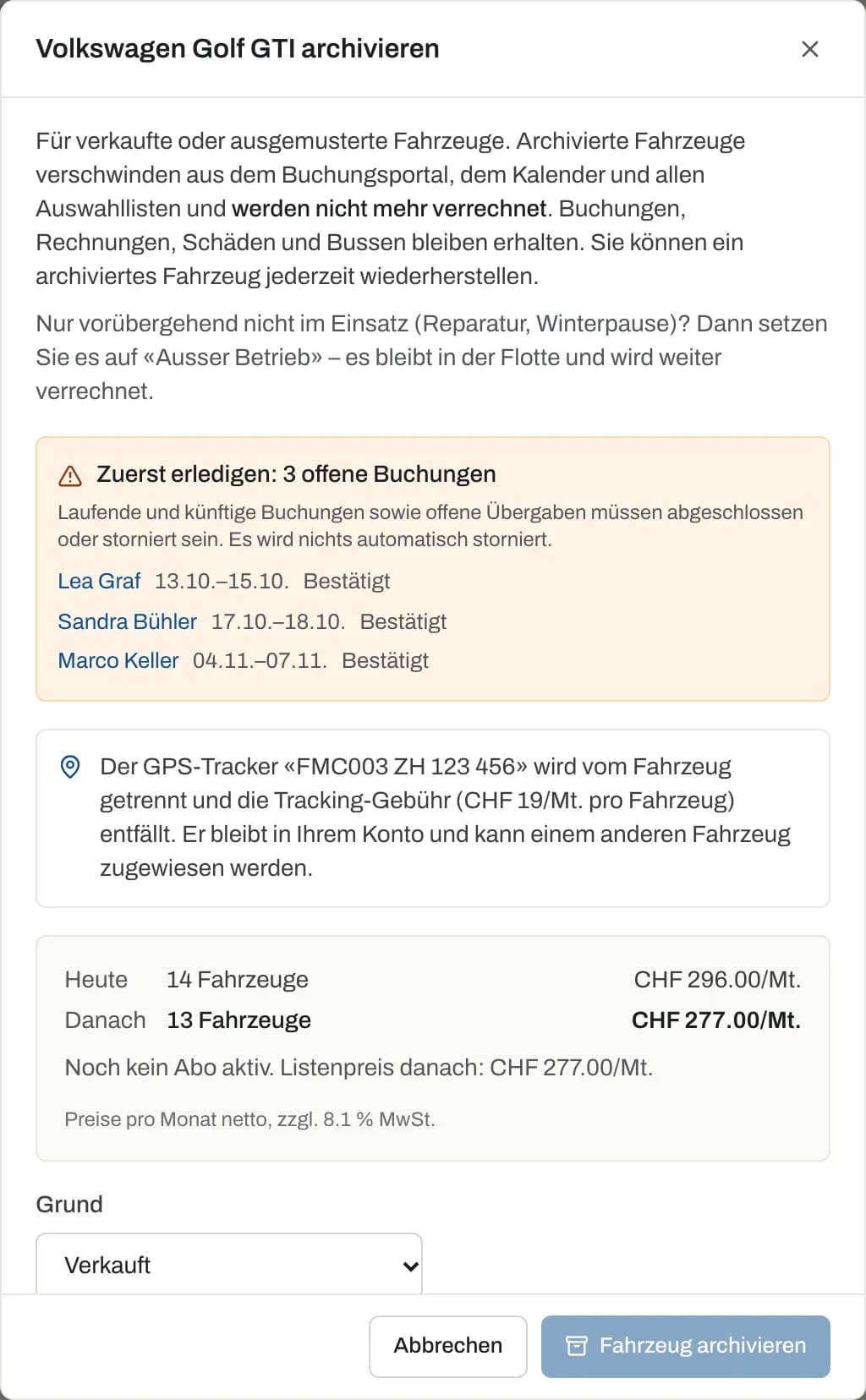 Dialog «Archivieren» mit offenen Buchungen, Tracker-Hinweis, Grund und Preisauswirkung