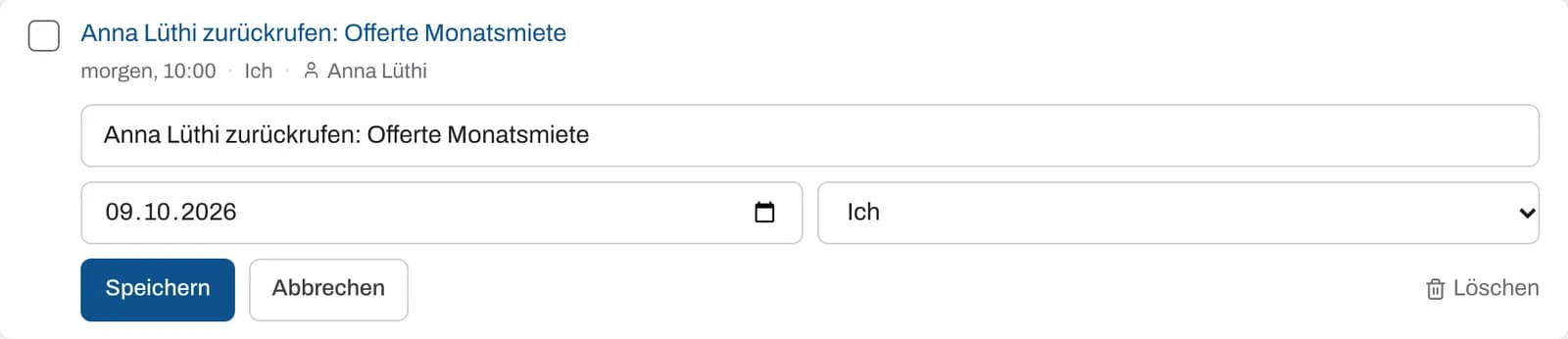 Aufgabe im Bearbeiten-Modus mit Titel, Fälligkeit, Zuständigkeit und Löschen