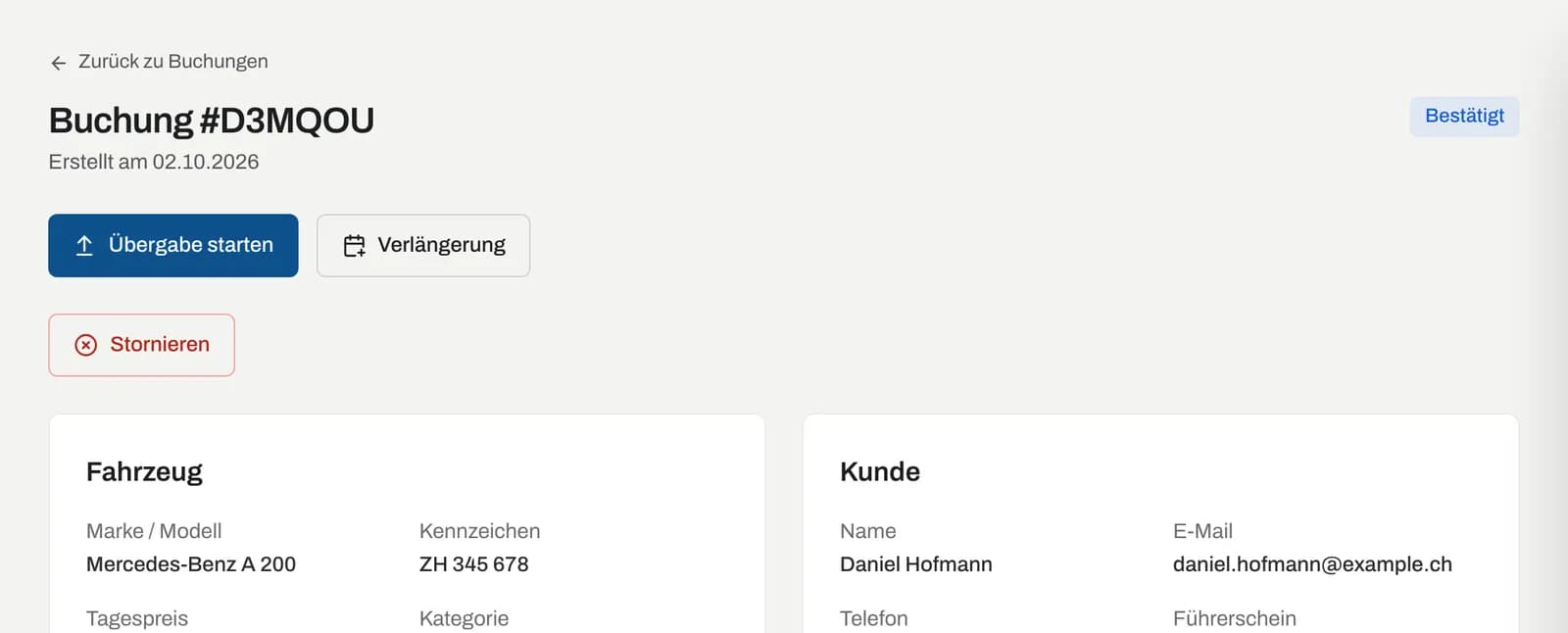 Buchung mit der Schaltfläche «Übergabe starten»