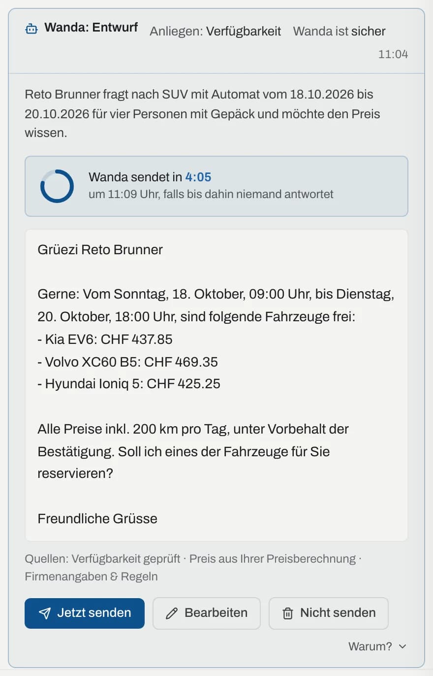 Countdown «Wanda sendet in» mit Fortschrittsring und Uhrzeit