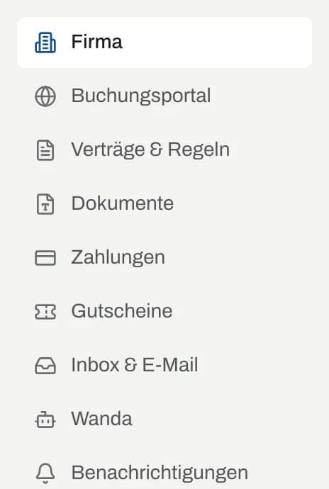 Menü der Einstellungen mit Firma, Buchungsportal, Verträge & Regeln, Dokumente, Zahlungen, Gutscheine, Inbox & E-Mail, Wanda, Benachrichtigungen, Daten, Mitarbeiter und Aktivitätsprotokoll