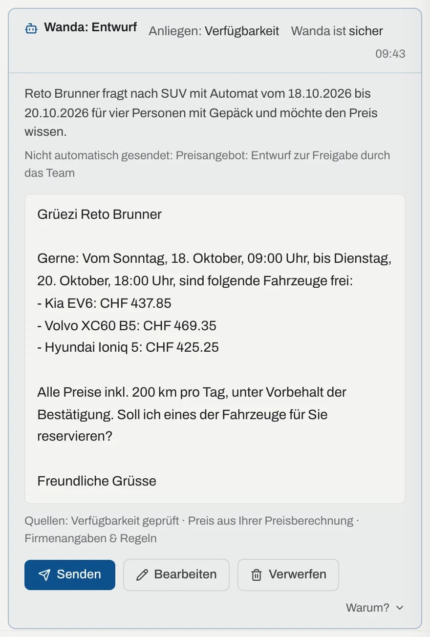 Karte «Wanda: Entwurf» mit Anliegen, Zusammenfassung, Antwort, Quellen und Schaltflächen