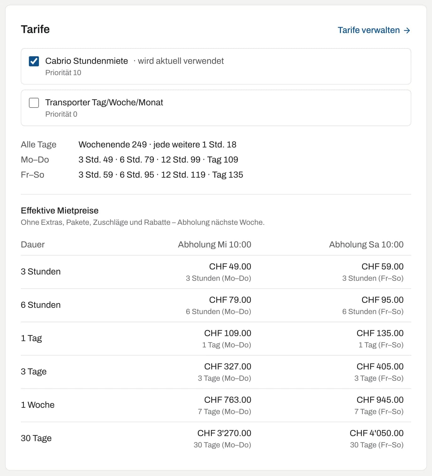 Bereich Tarife beim Fahrzeug mit effektiven Mietpreisen