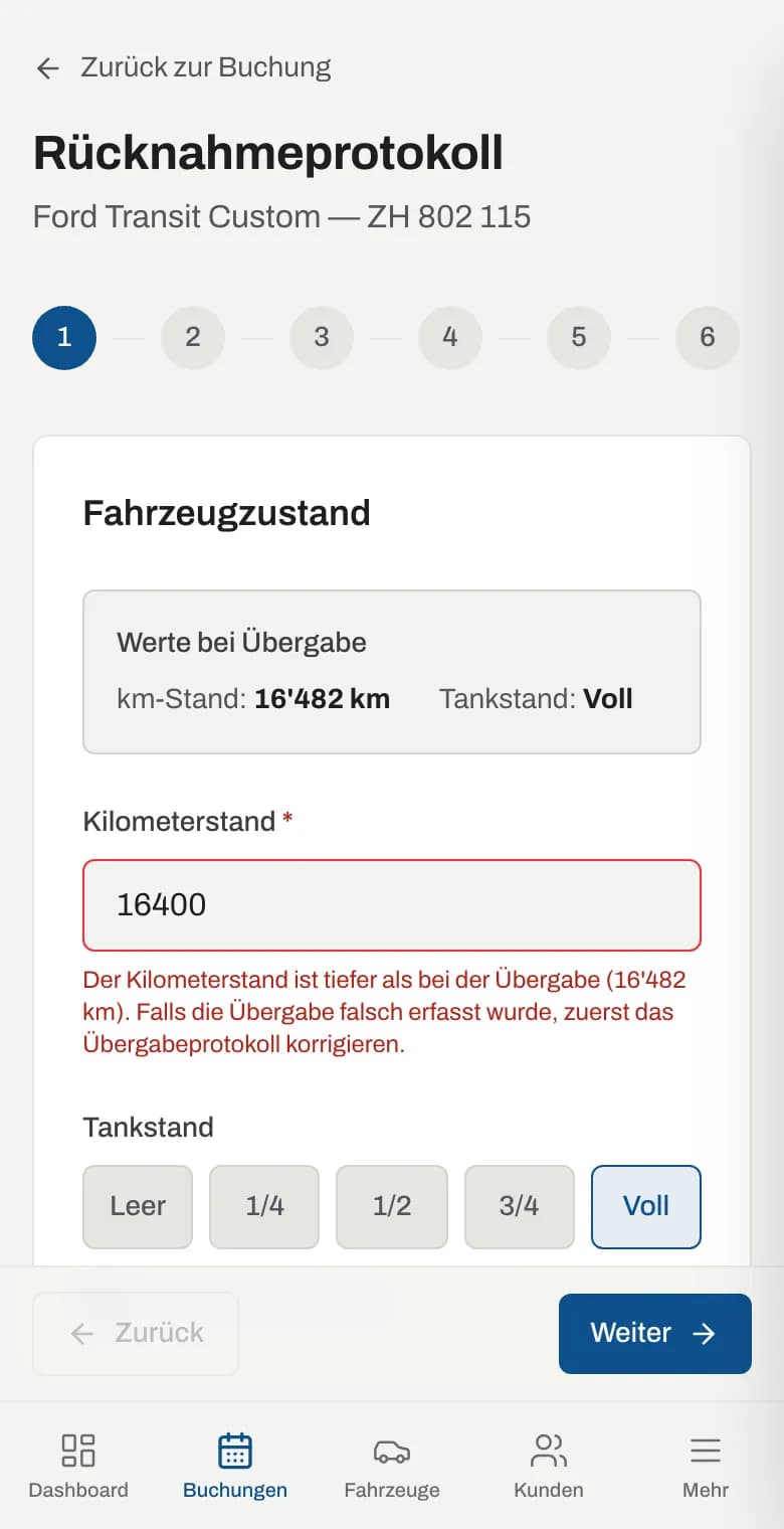 Fehlermeldung bei einem zu tiefen Kilometerstand