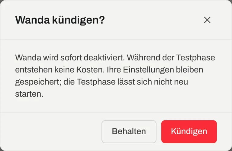 Dialog «Wanda kündigen?» in den Wanda-Einstellungen