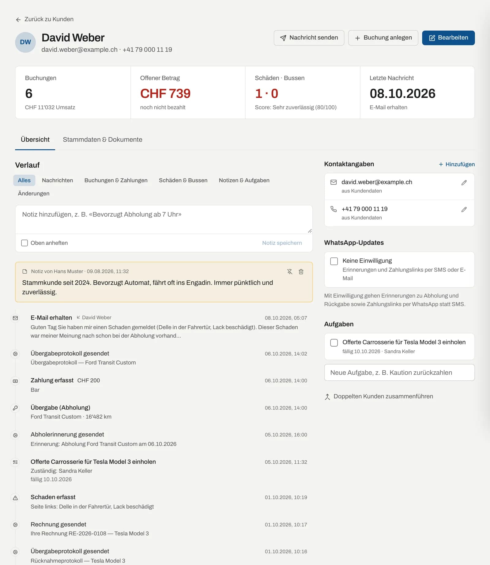 Kundenakte, Reiter Übersicht mit Verlauf