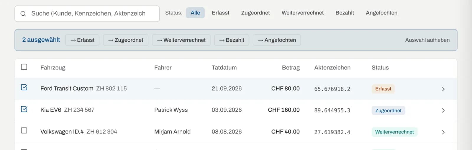 Aktionsleiste mit zwei ausgewählten Bussen