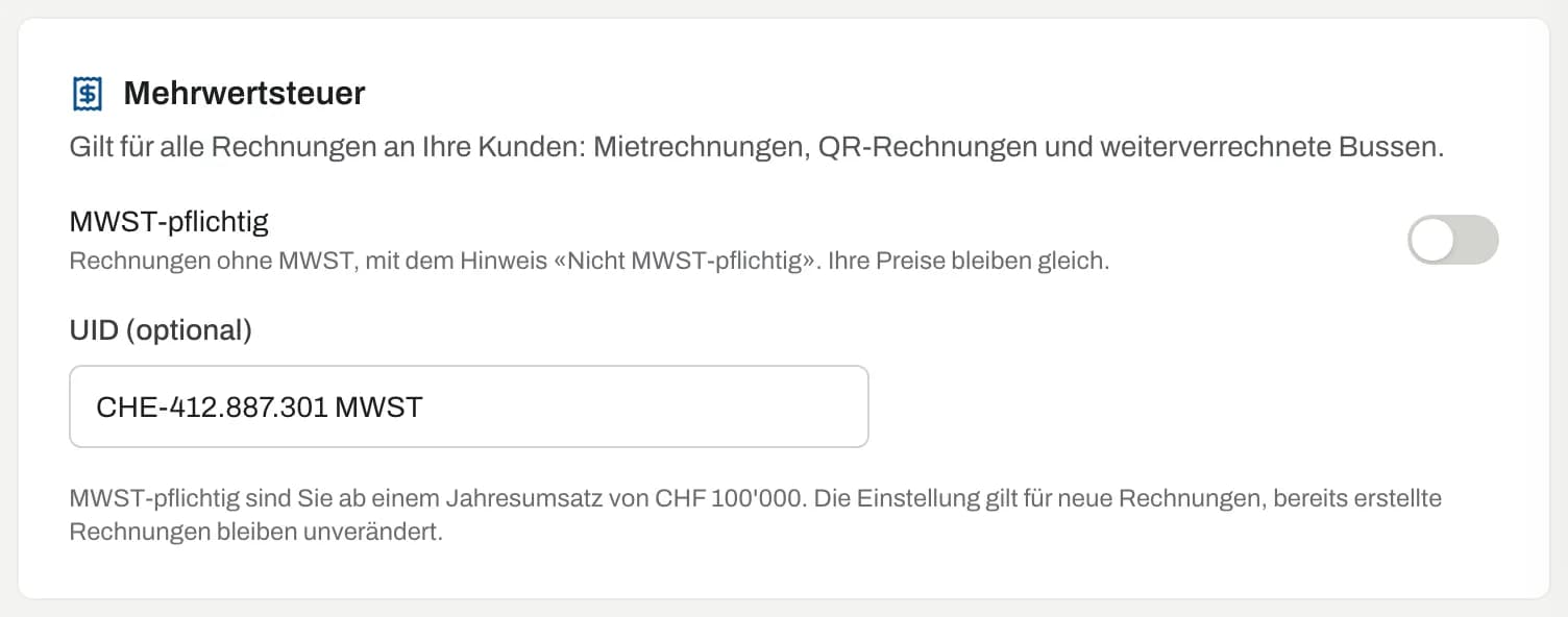 Abschnitt Mehrwertsteuer: MWST-pflichtig ausgeschaltet, UID optional