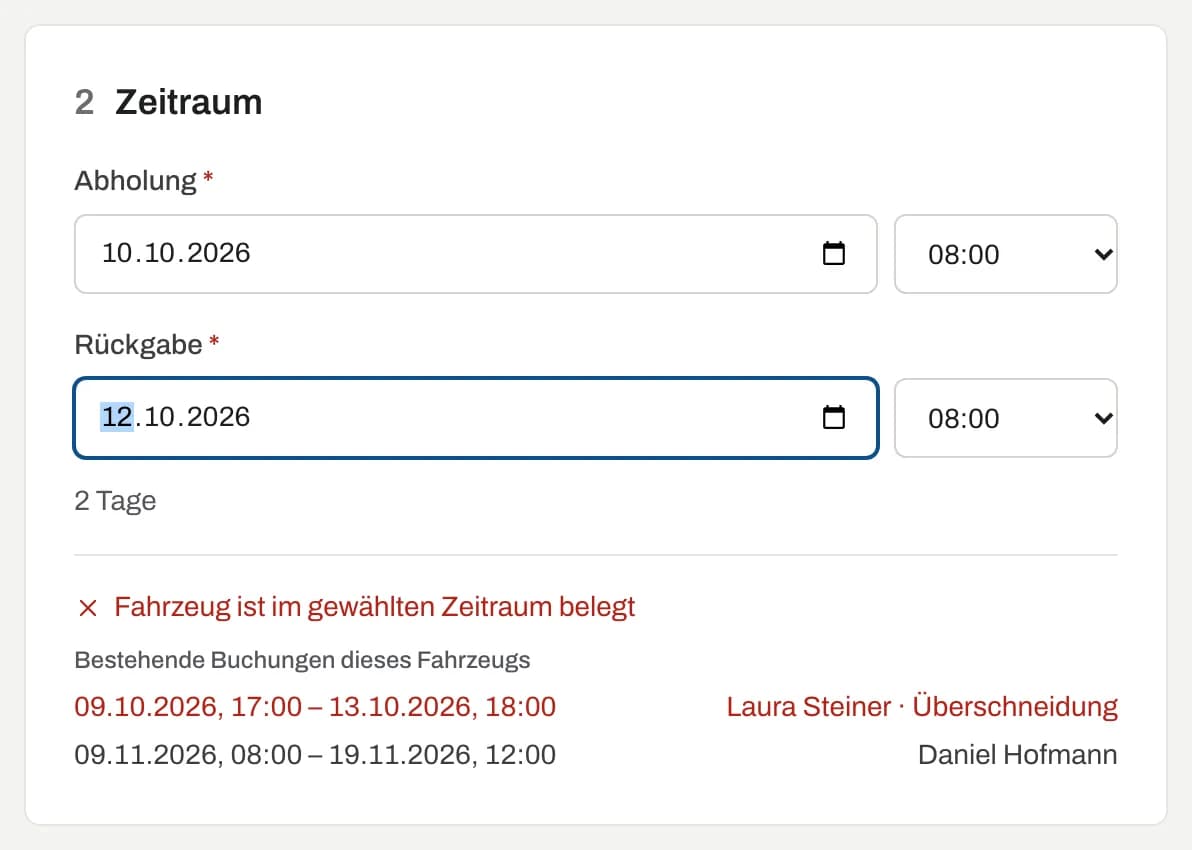 Fahrzeug zuerst: bestehende Buchungen und Überschneidung