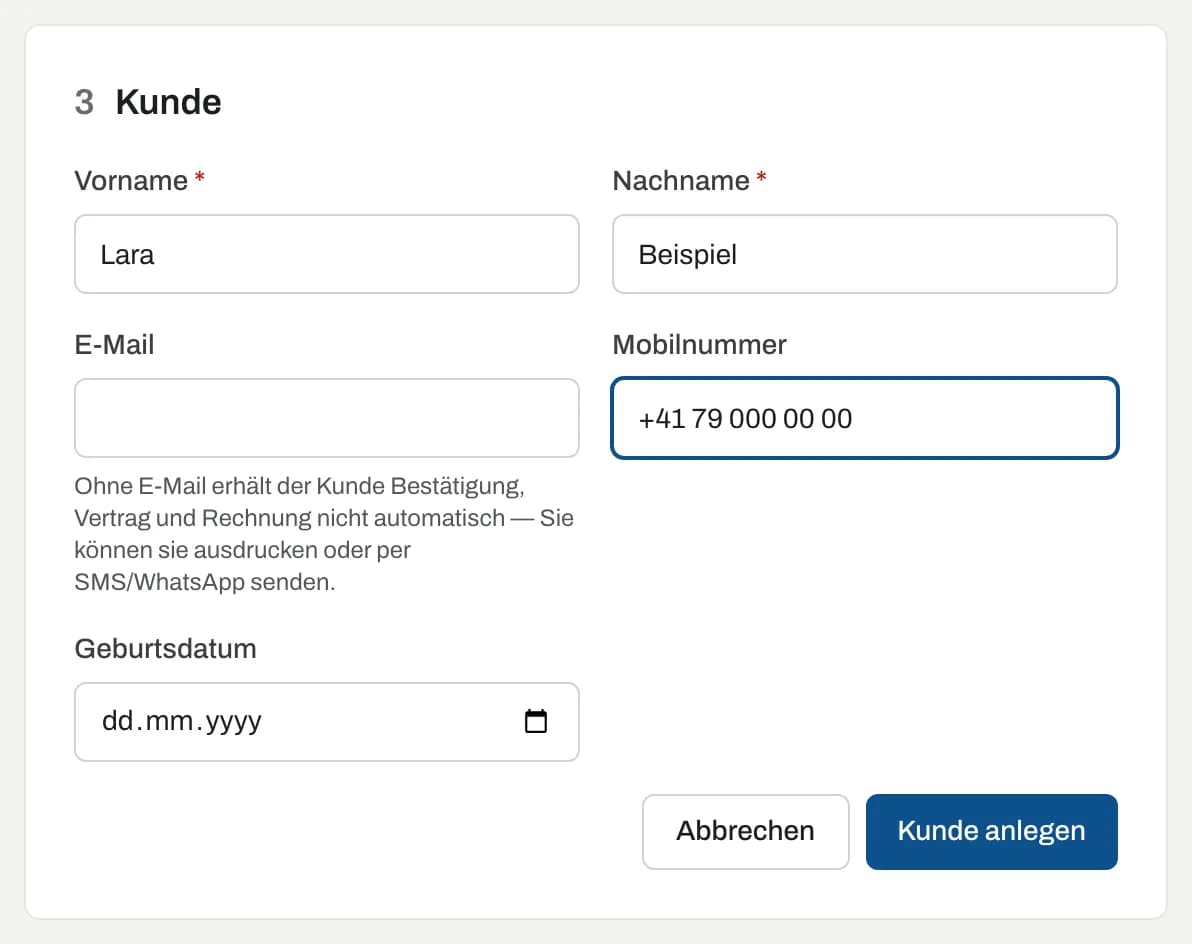 Neuen Kunden direkt im Buchungsformular anlegen