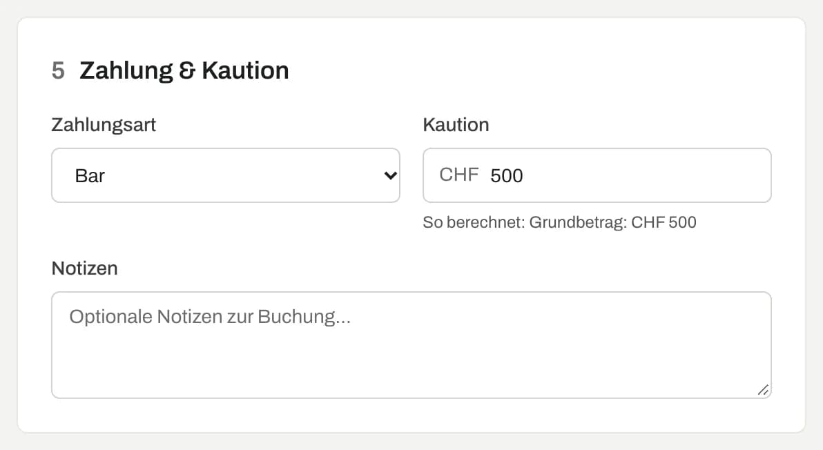 Zahlung und Kaution mit Berechnung nach Kautionsregeln