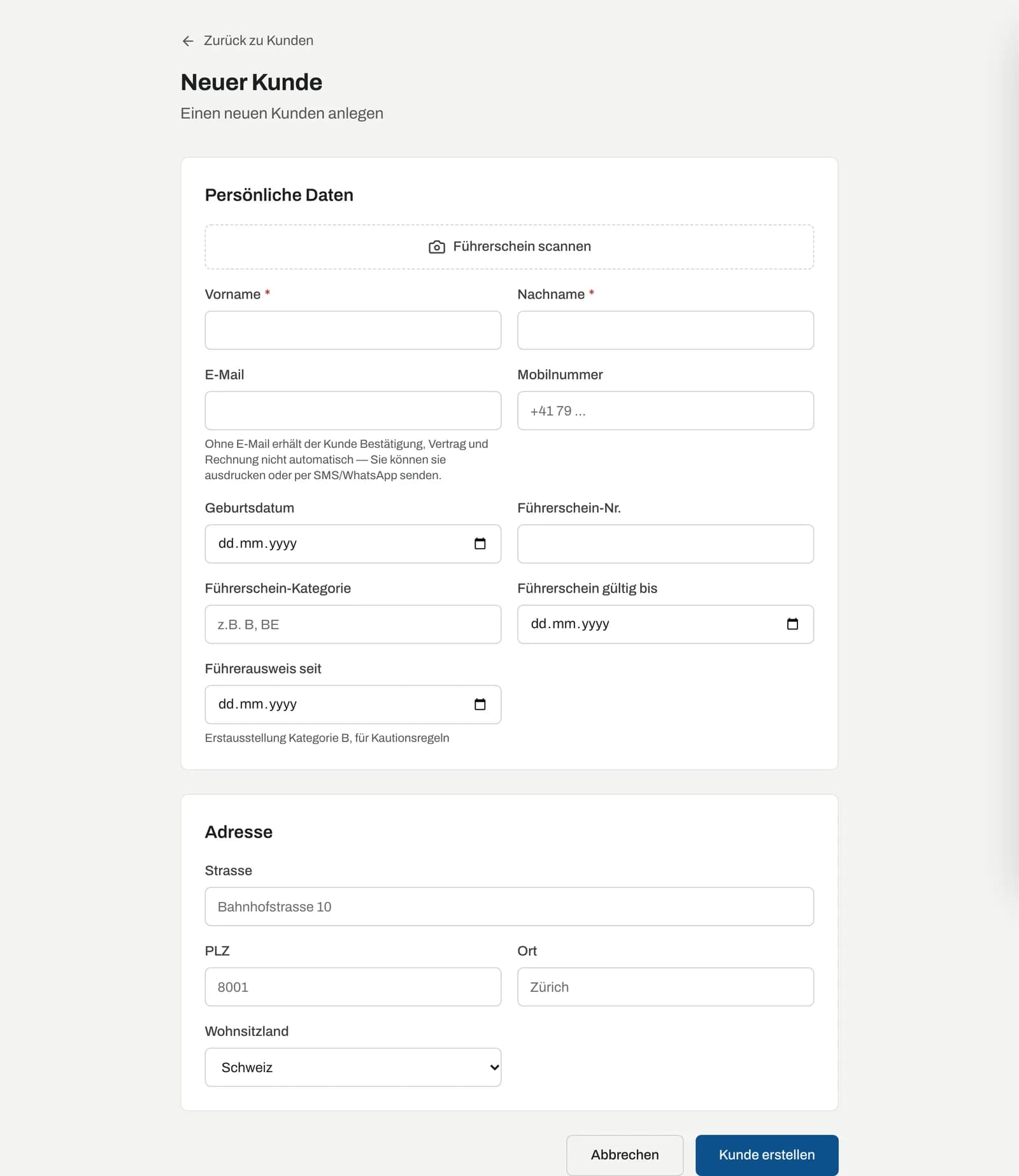 Formular «Neuer Kunde»