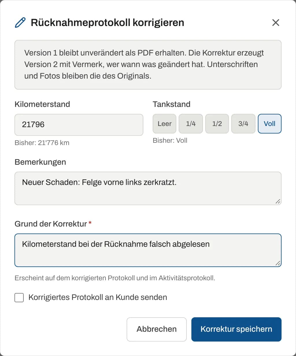 Dialog «Rücknahmeprotokoll korrigieren»