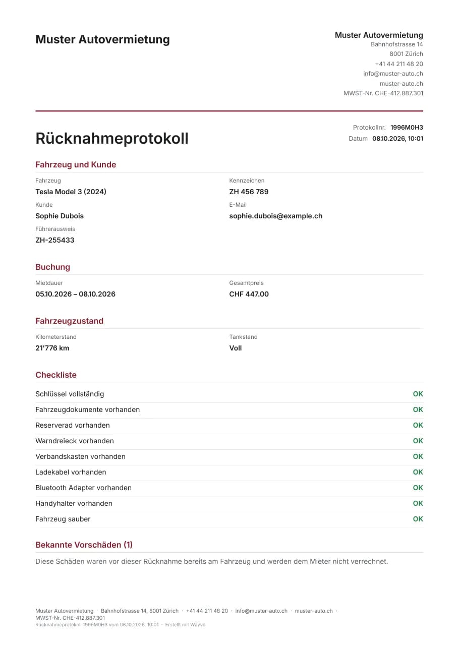 Erste Seite eines Rücknahmeprotokolls als PDF