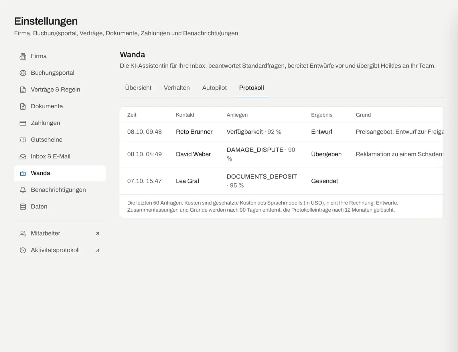 Reiter «Protokoll» mit den letzten Anfragen, Ergebnis und Grund