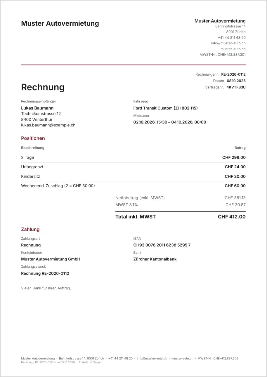 Rechnung als PDF mit Positionen, MWST und Bankverbindung