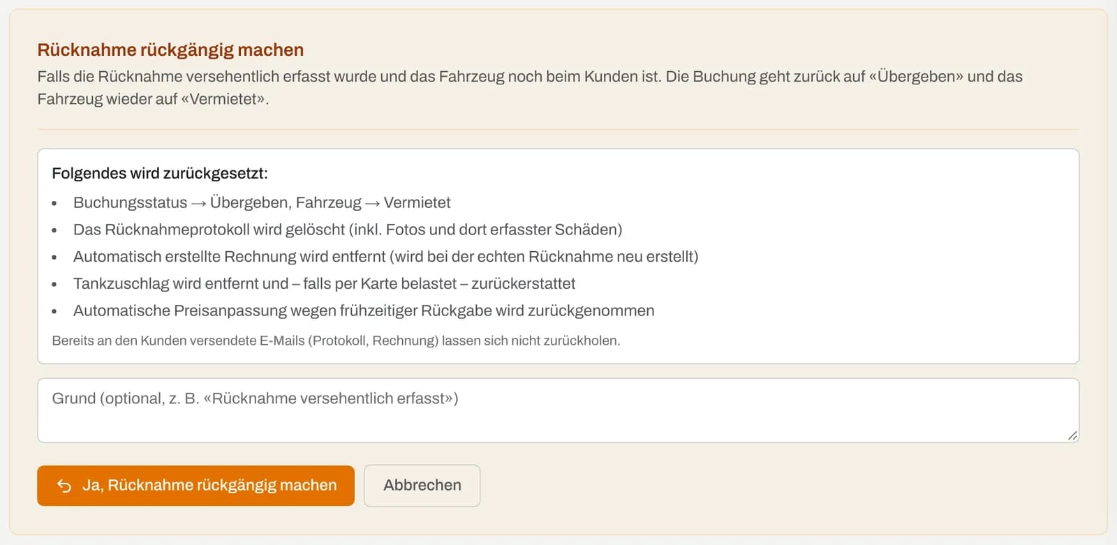 Kasten «Rücknahme rückgängig machen» mit der Liste der Auswirkungen