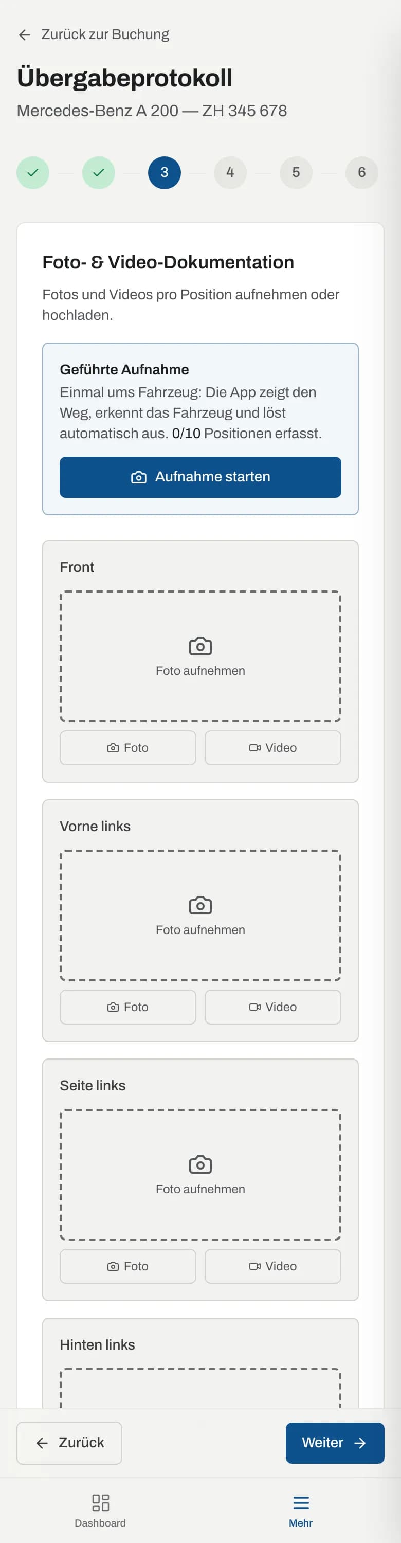 Schritt Fotos mit geführter Aufnahme und Kacheln pro Position