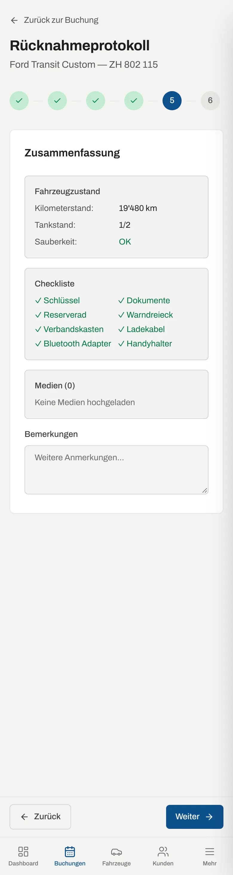 Zusammenfassung der Rücknahme mit Mehrkilometern und Tankzuschlag