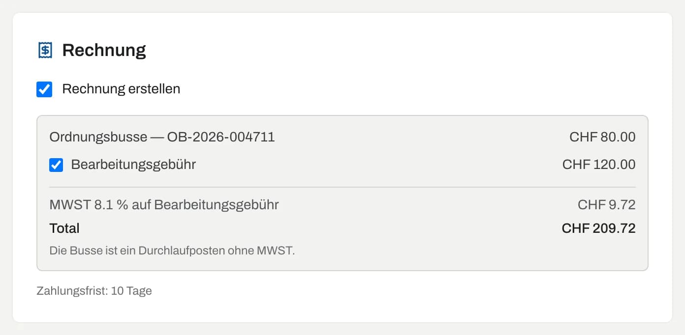 Schritt 3: Rechnung mit Bearbeitungsgebühr und MWST auf der Gebühr