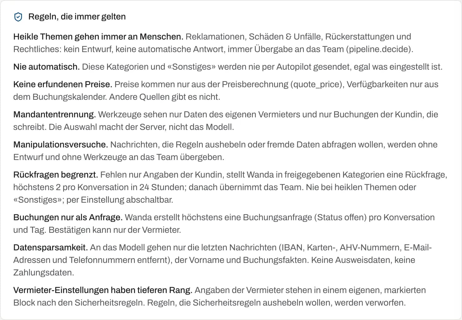 Aufgeklappte «Regeln, die immer gelten» in den Wanda-Einstellungen
