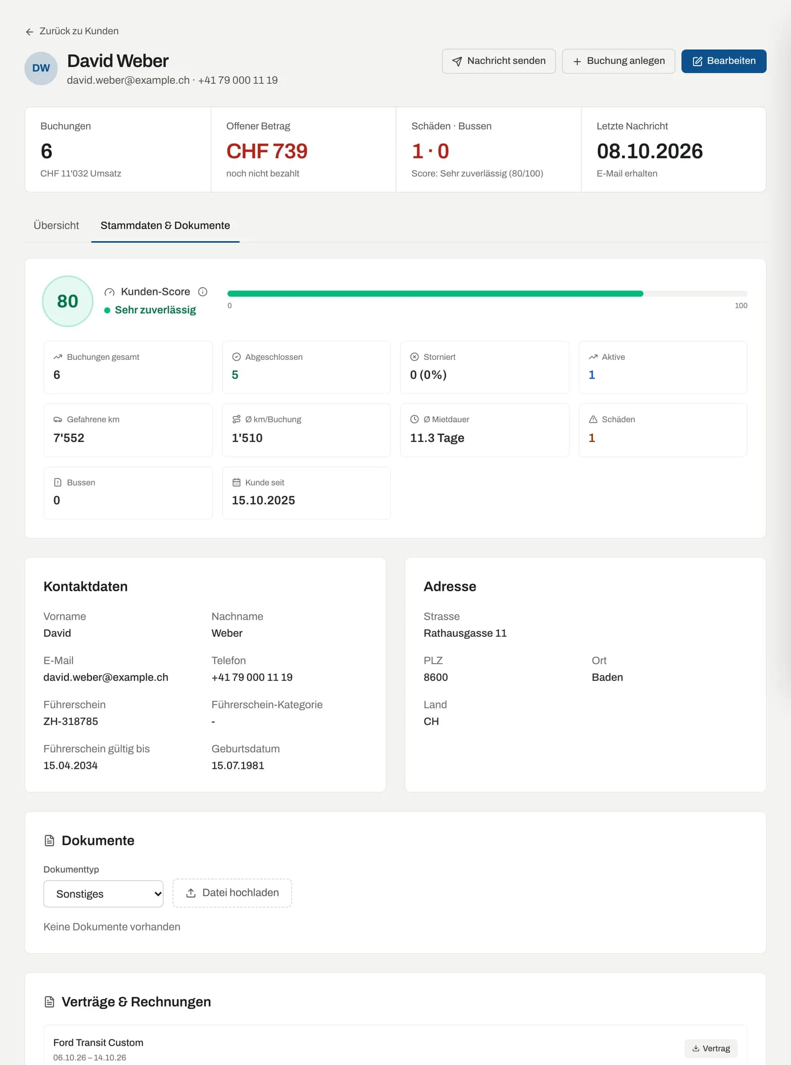 Kundenakte, Reiter Stammdaten & Dokumente mit Kunden-Score