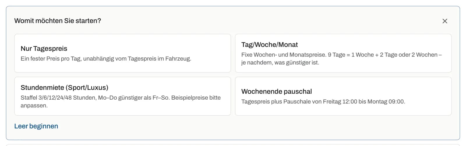 Vorlagen beim Anlegen eines Tarifs