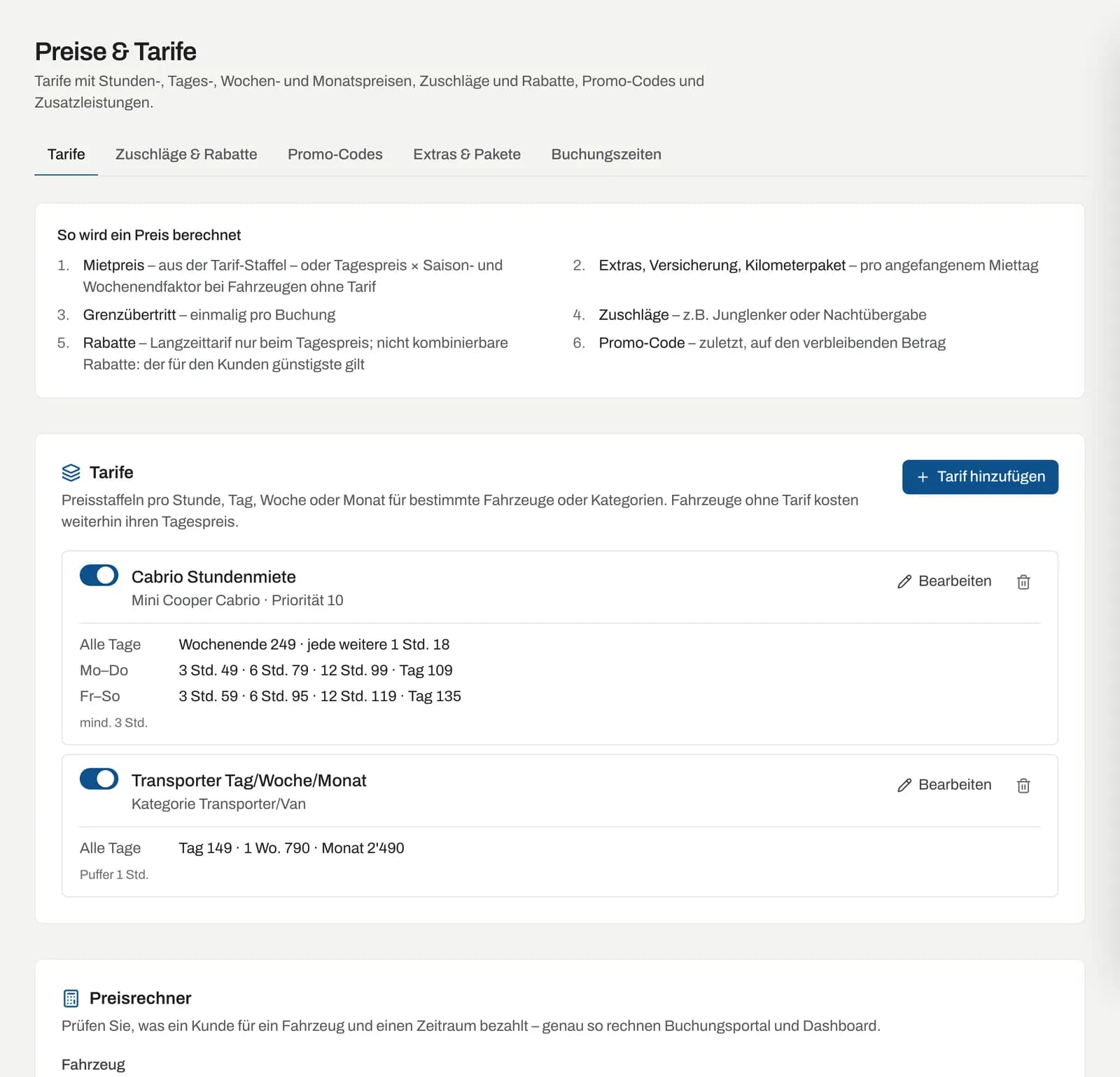 Register Tarife mit der Liste der Tarife
