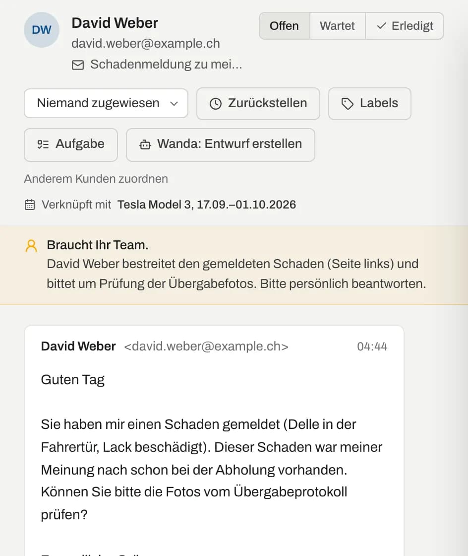 Hinweis «Braucht Ihr Team.» über dem Verlauf mit dem Grund der Übergabe
