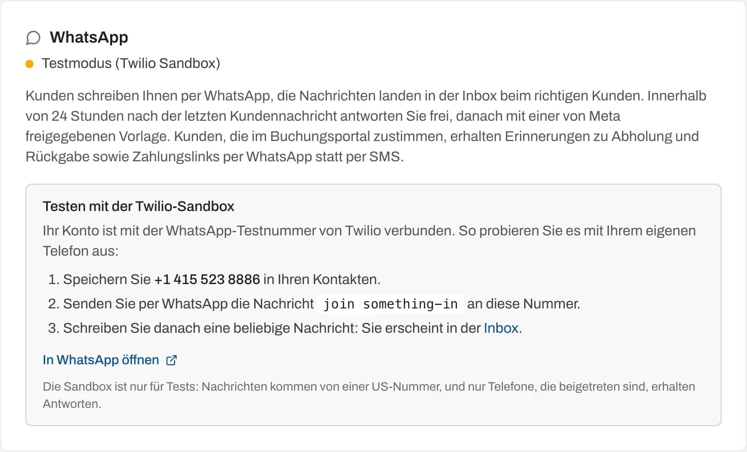 Karte «WhatsApp» in den Inbox-Einstellungen, hier im Testmodus mit der Twilio-Sandbox