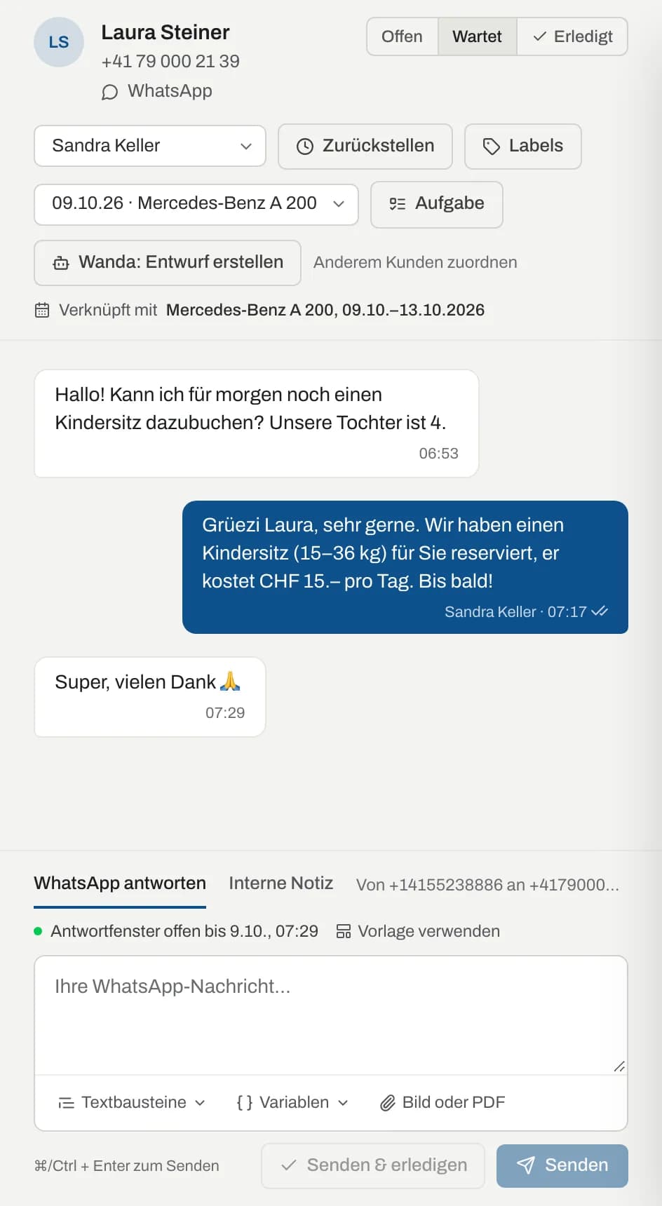 WhatsApp-Konversation mit Antwortfenster und Zustellstatus