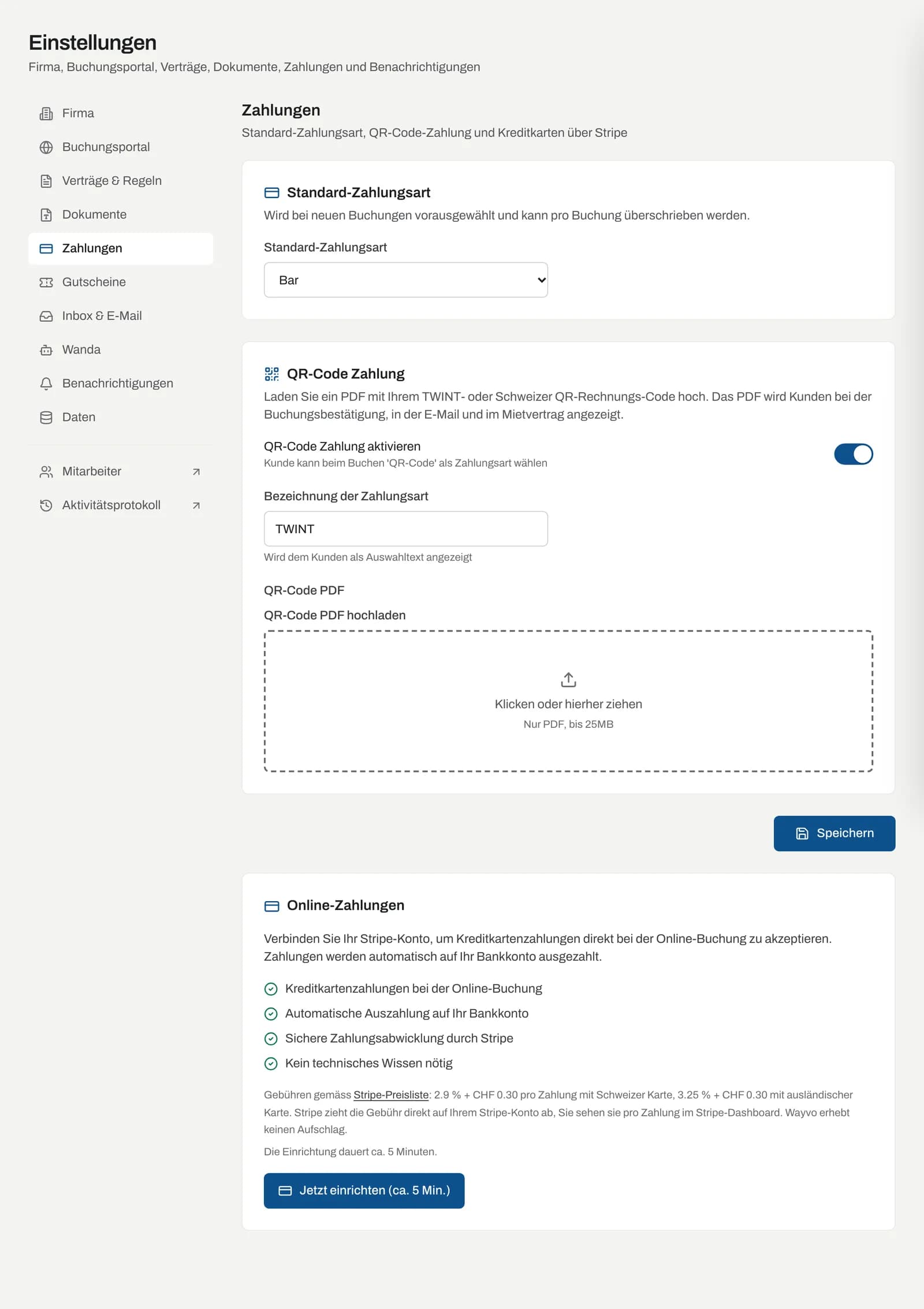 Einstellungen Zahlungen mit Standard-Zahlungsart, QR-Code Zahlung und Online-Zahlungen